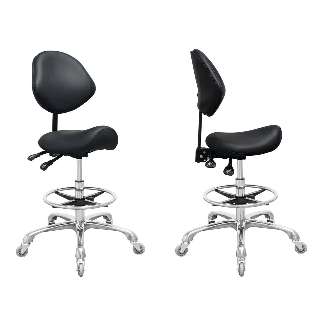 Tabouret de selle avec support dorsal et repose-pieds, très résistant (158,8 kg), tabouret hydraulique pivotant réglable pour salon, spa, beauté, massage, clinique, maison, bureau (noir)
