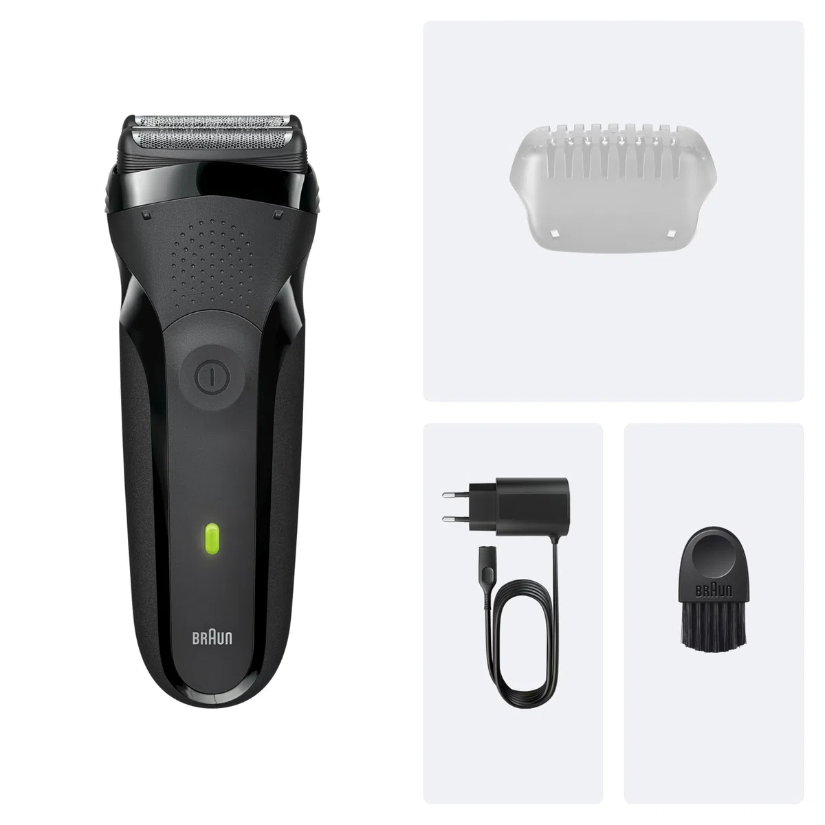 Braun Rasoir Electrique A Barbe Homme Series 3 300S A Grille, Gris, Etanche, Lames Flexibles Pour Bien Raser Le Visage, 5 Sabots, Tondeuse Centrale Et 2 Eléments De Rasage