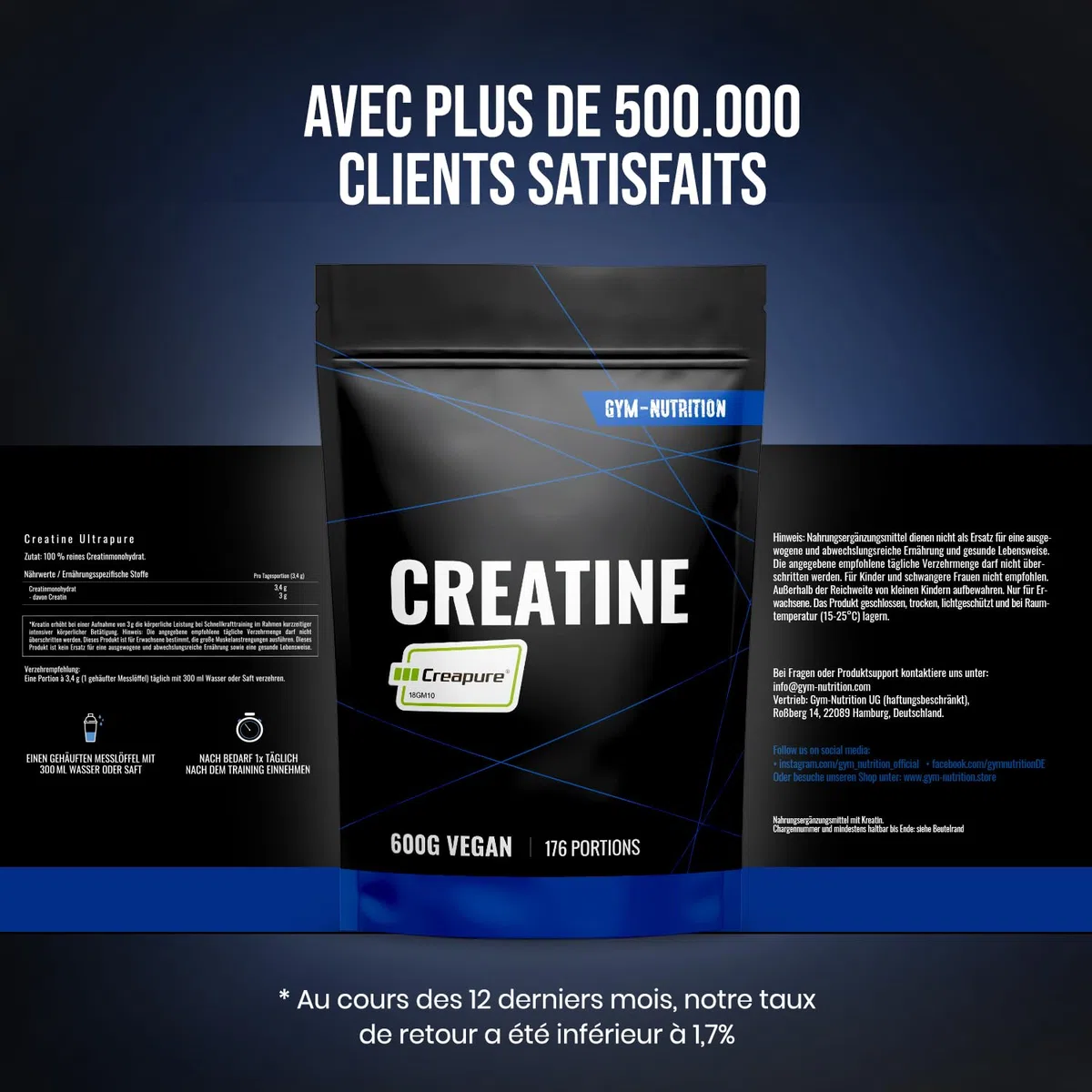 Creatine Creapure Monohydrate Poudre - 600 g - 176 Portions - Vegan - Produit en Allemagne - Creatine Monohydrate Creapure - Créatine