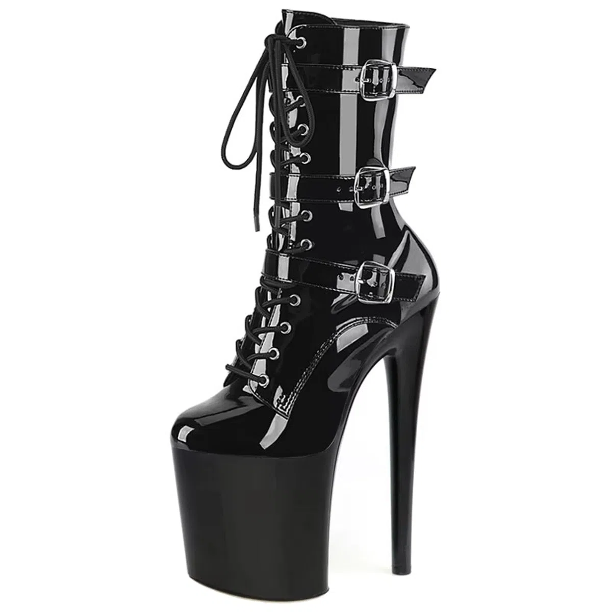 Bottes mi-Mollet en Cuir Brillant à Talons Hauts de 20 cm/8 Pouces pour Femmes. Chaussures de Grande Taille adaptées aux discothèques, aux cosplays, aux soirées costumées