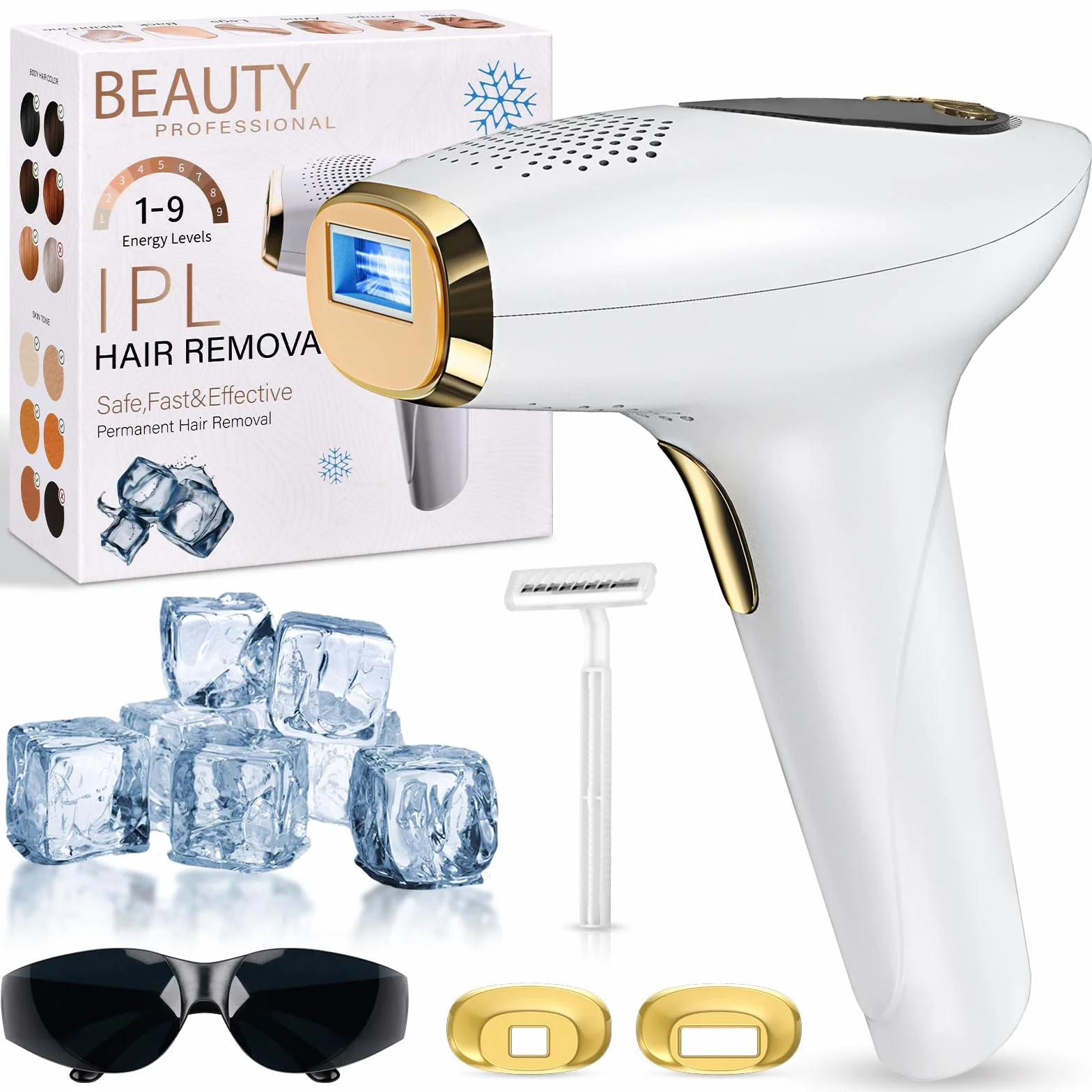 Épilateur à lumière pulsée IPL avec refroidissement, 9 vitesses, 3 fonctions HR/SC/RA, pour hommes et femmes