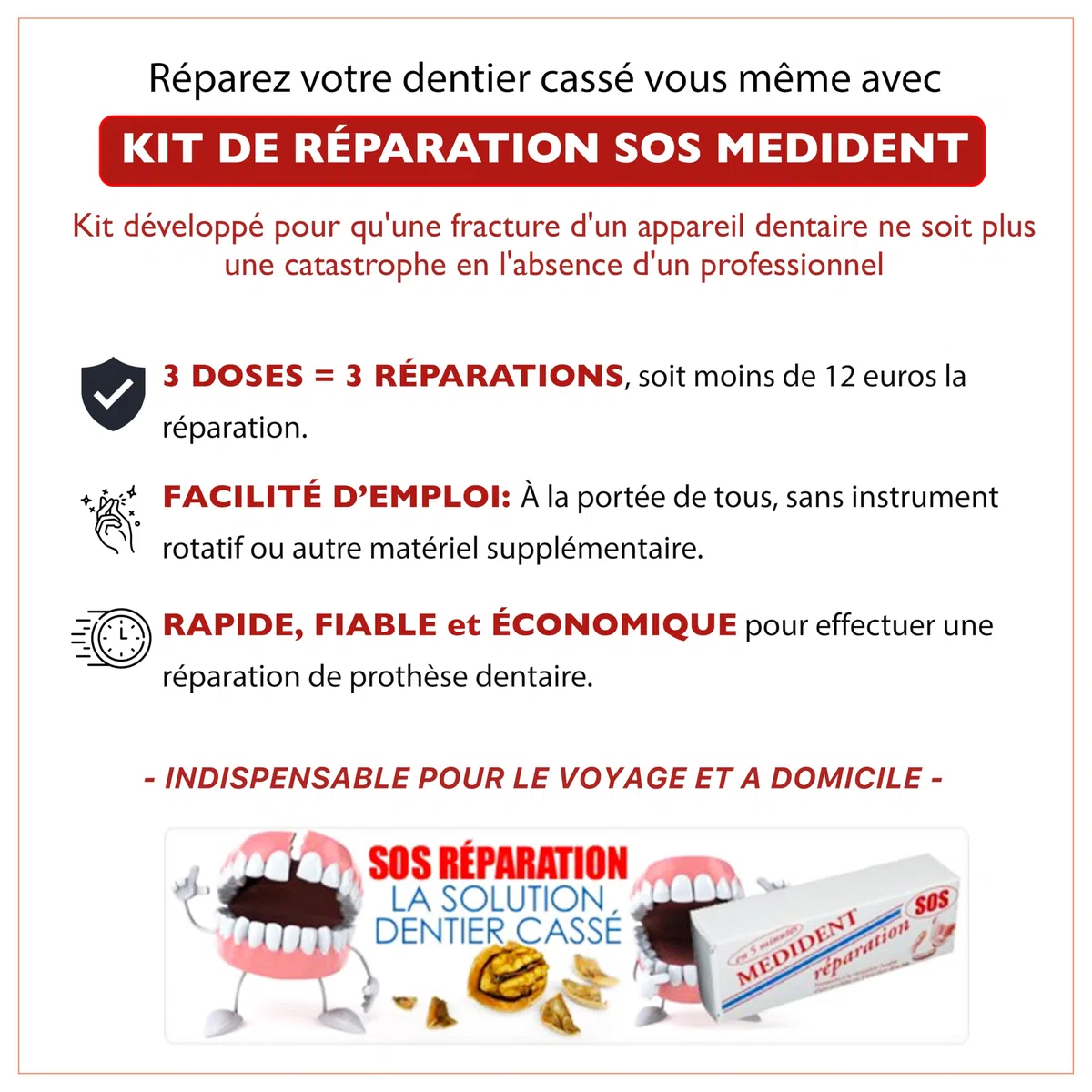MEDIDENT SOS Réparation Dentier - Réparez votre dentier cassé - Nécessaire 3 utilisations
