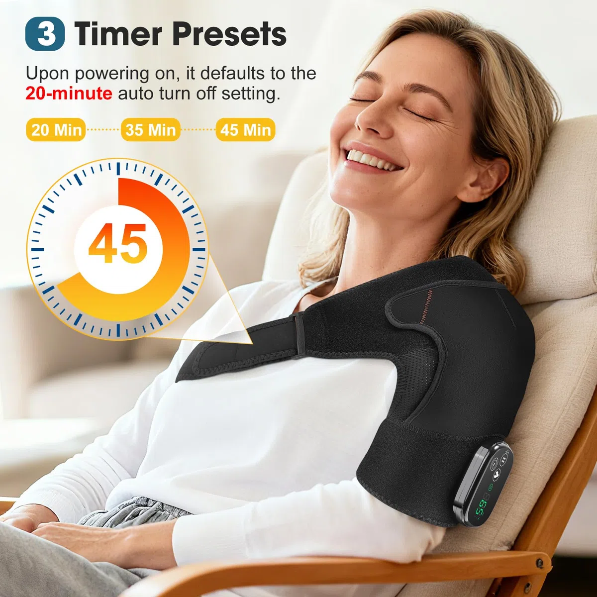 Coussinet Massant pour Épaules Chauffant Sans Fil, Attelle Chauffante pour Épaules Portable Avec Contrôle Écran Tactile, 5 Niveaux Chaleur, 5 Modes Vibration, Minuterie, 5000mAh, 4 Moteurs-Noir
