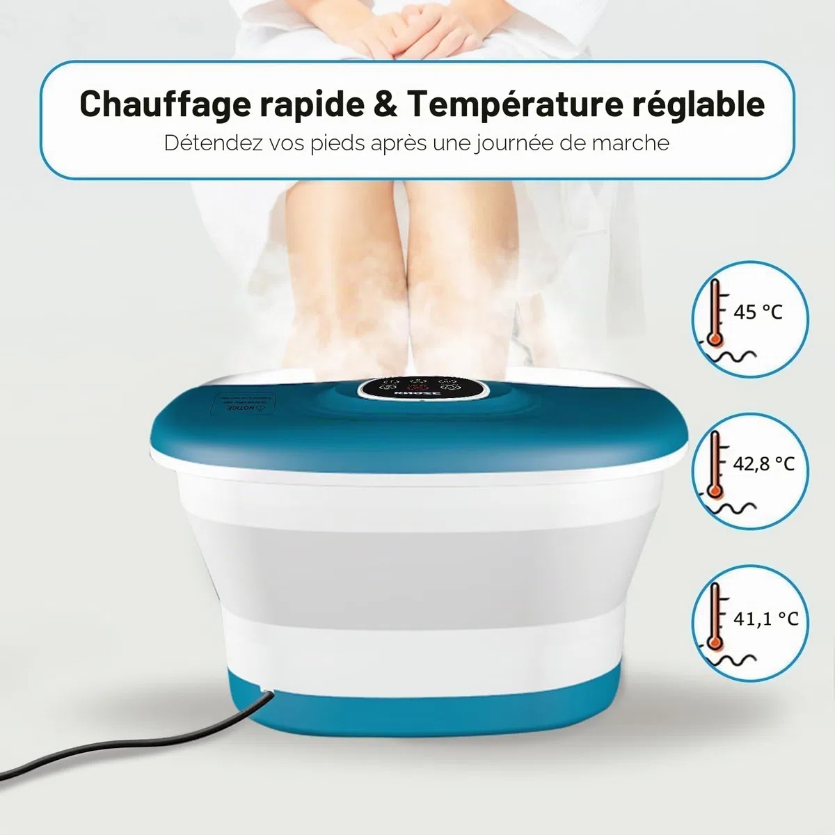 KNQZE Bain de Pied Massant Chauffant, Pliable Spa Pieds Bain Massage avec Télécommande, Minuterie, Vibration, Pierre Ponce, Balneotherapie Pieds avec 16 Rouleaux de Massage, Bleu