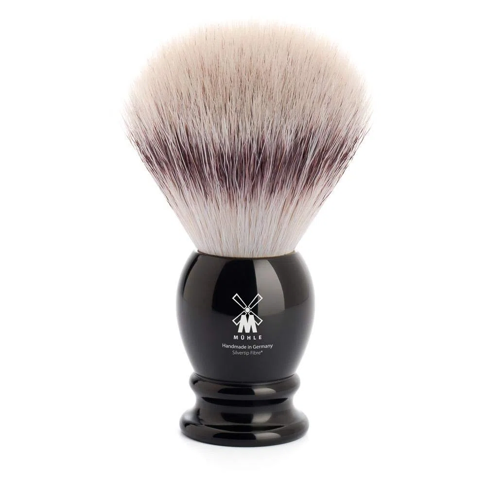 MÜHLE Classic Blaireau de rasage avec fibre Silvertip - Large et grand - Manche en résine précieuse noire - Fait main - végétalien