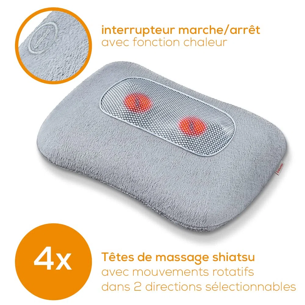 Beurer MG 145 Coussin de massage shiatsu, masseur dos nuque, fonction chauffante, housse lavable, 4 têtes, gris