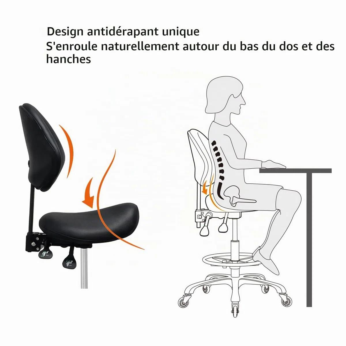 Tabouret de selle avec support dorsal et repose-pieds, très résistant (158,8 kg), tabouret hydraulique pivotant réglable pour salon, spa, beauté, massage, clinique, maison, bureau (noir)