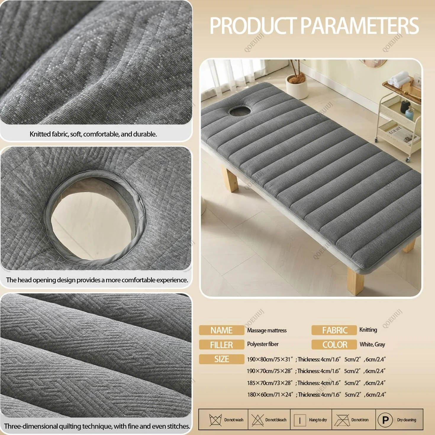 Surmatelas Table de Massage avec Trou Visage - Matelas Lit Esthétique Antidérapant Mousse Haute Densité, Coussin Épais pour Salon de Beauté et Extension de Cils(Gris,185x70x6cm)
