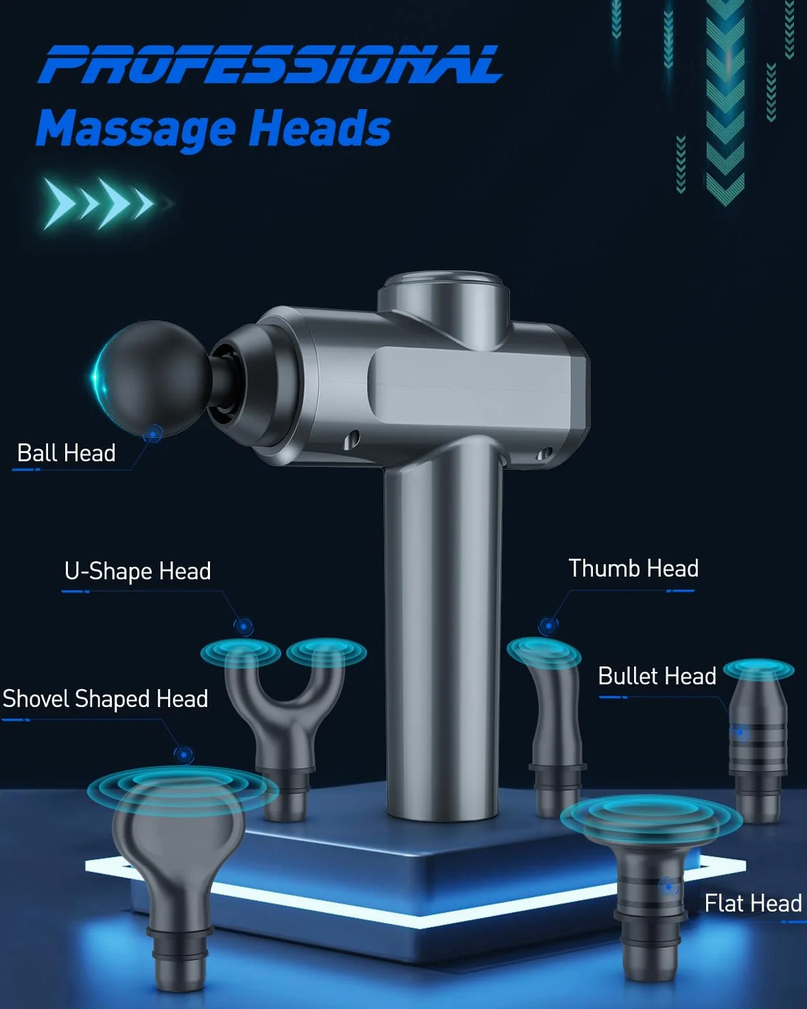 Pistolet de massage par percussion avec 6 têtes, réglable sur 30 vitesses