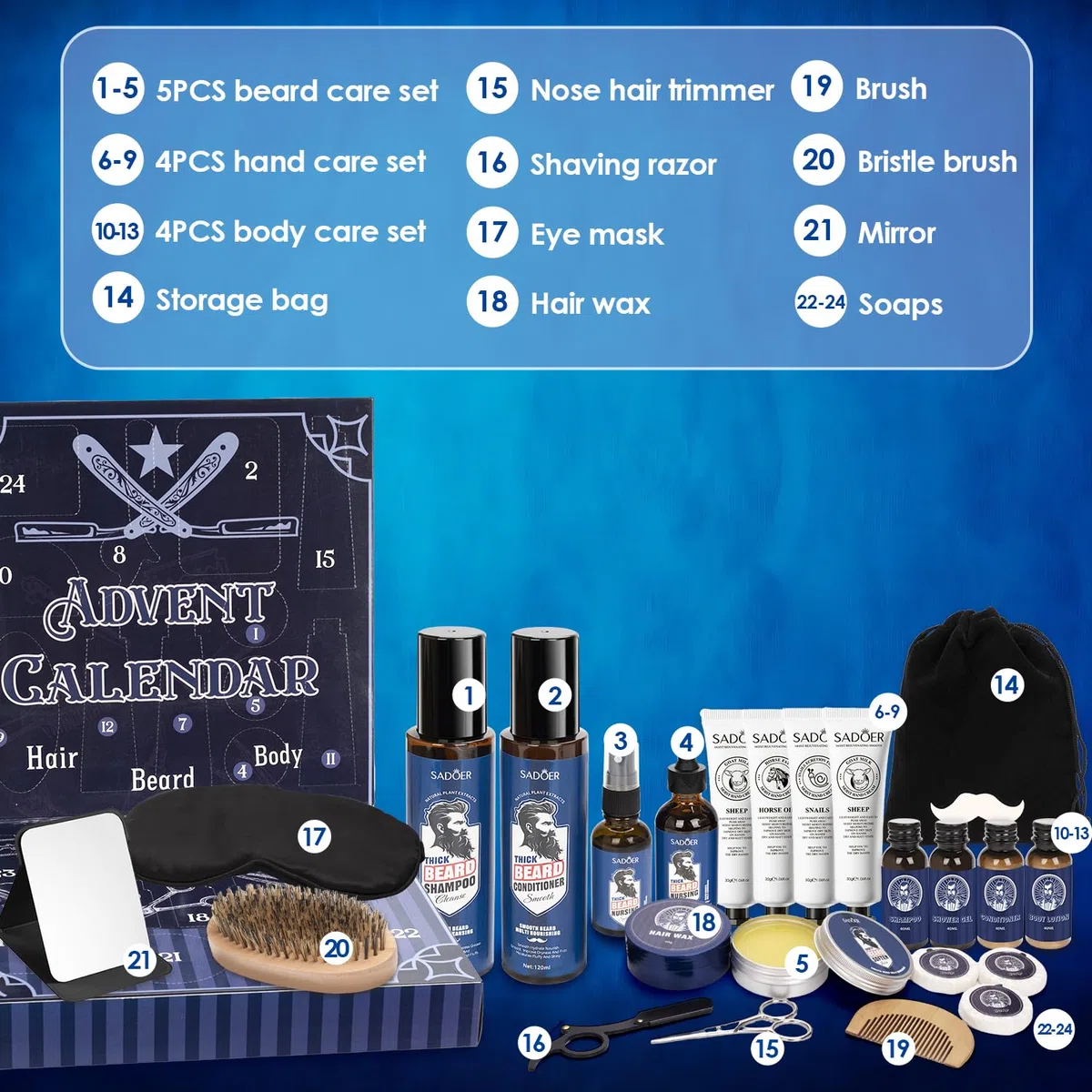 Calendrier de l'Avent 2025 Hommes 24PCS Kit Entretien Barbe Noël