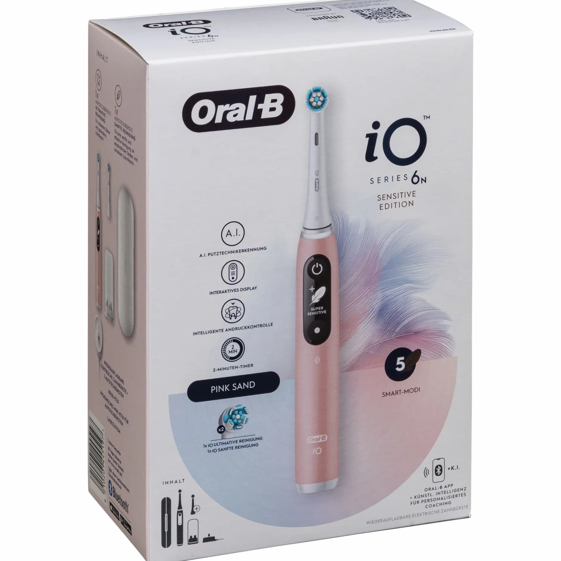Oral-B iO 6 Sensitive Edition Brosse à dents Electric Toothbrush, Technologie magnétique, 2 brosses, 5 modes de brossage pour soins dentaires, affichage et étui de voyage, conçu par marron, sable rose