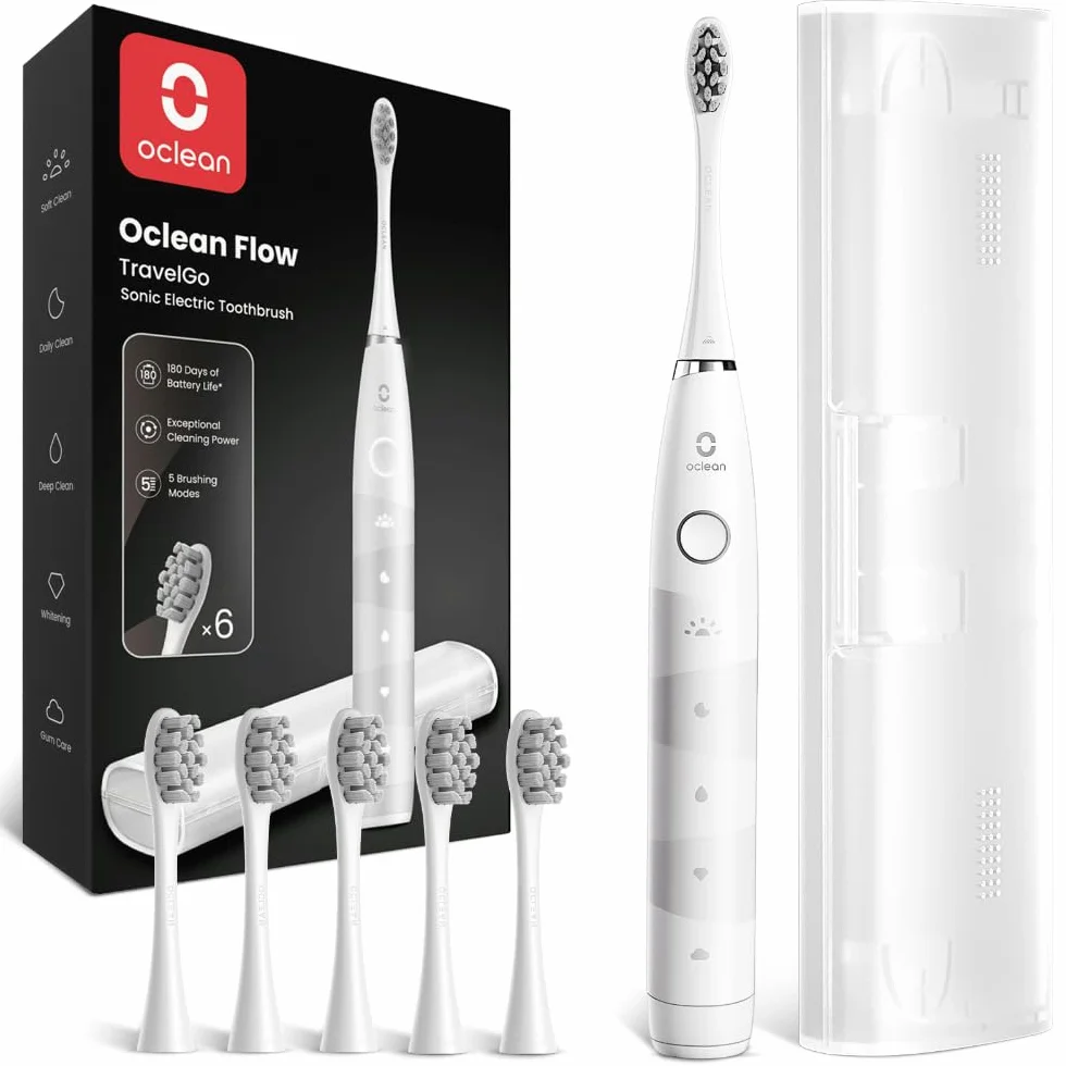 Oclean Brosse à Dents Électrique TravelGo FlowSet Autonomie 180 Jours 6 Brossettes 5 Modes Sonique Minuterie Étui Voyage Blanc