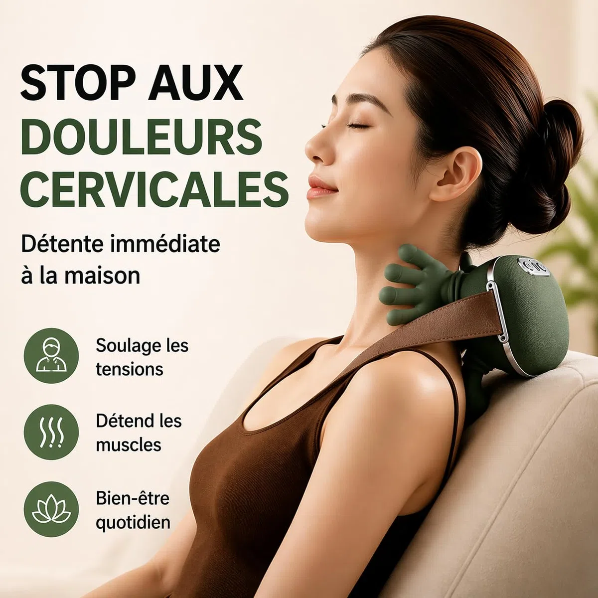 Masseur Cervical Électrique Sans Fil – Massage Profond 3 Niveaux + Chaleur 2 Niveaux, 2000 mAh