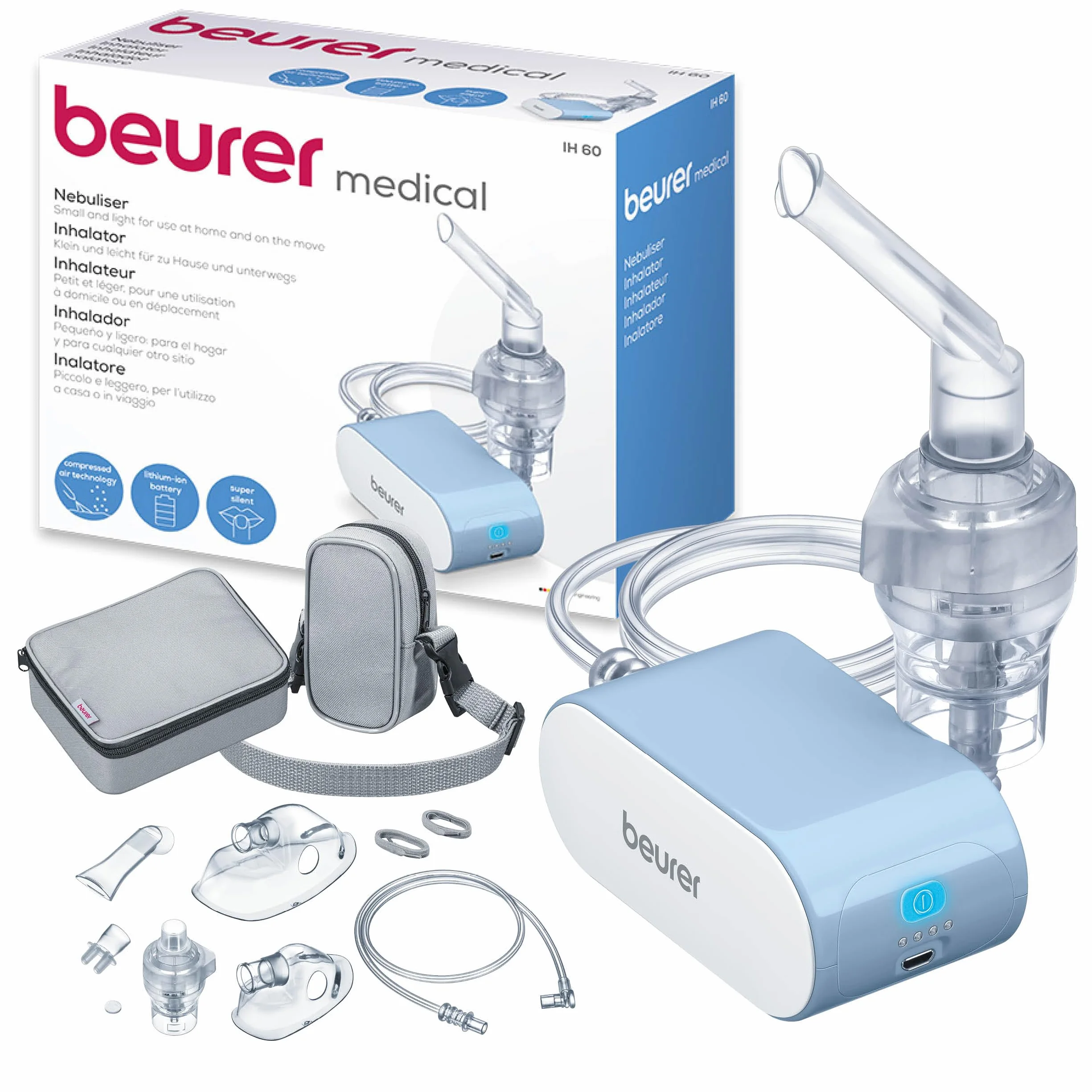 Beurer IH 60 Nébuliseur, inhalateur silencieux et portable, batterie rechargeable, technologie de l'air comprimé par compresseur pour une utilisation en cas de maladies respiratoires
