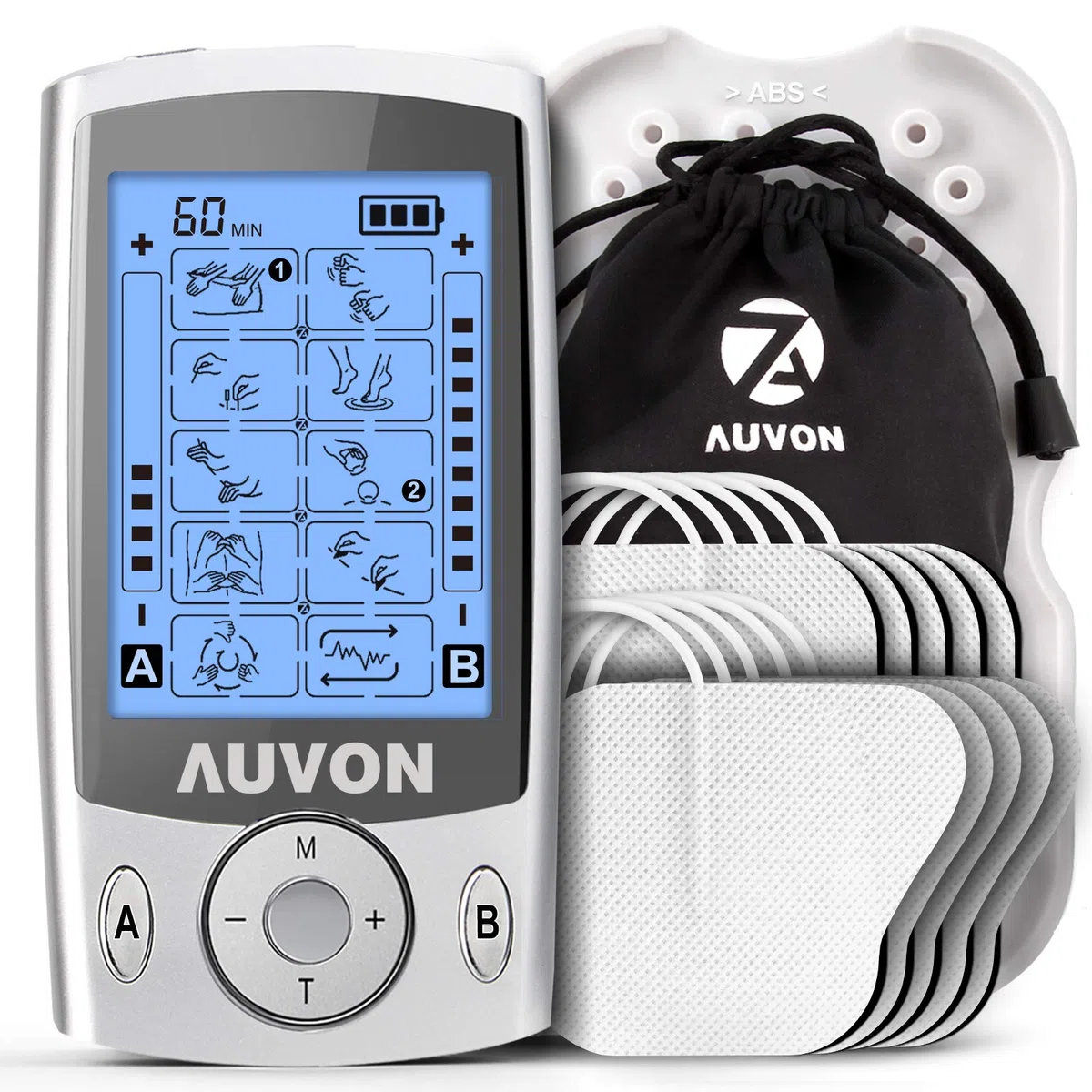 AUVON Électrostimulateur Musculaire Double Canal, Appareil Électrostimulation 20 Modes, 10 Électrodes TENS 5x5 cm