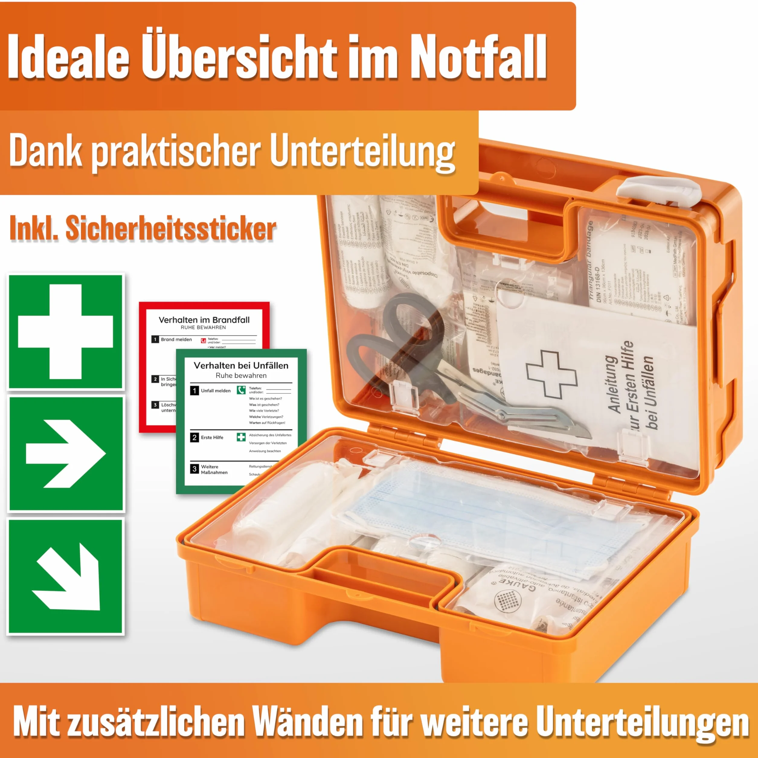 HELDENWERK Trousse de premiers secours selon la nouvelle norme DIN 13157:2021 avec support mural et autocollants | Mallette de premiers secours universelle pour entreprise, maison ou restauration