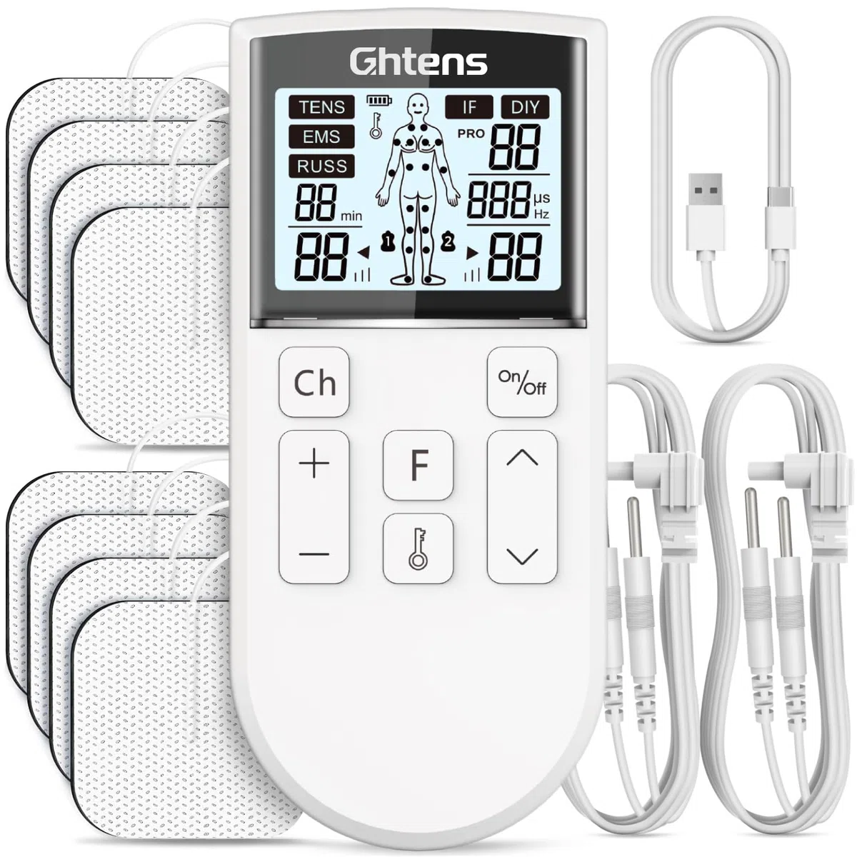 GHTENS Électrostimulateur Musculaire 5 en 1: TENS/EMS/If/Russ/DIY, Appareil de Stimulation Électrique Rechargeable 80 Programmes 2 Canaux 8 Électrodes