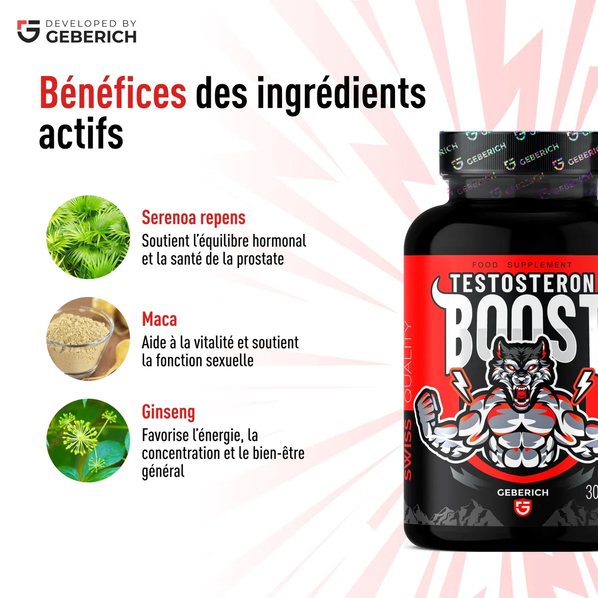 Gélules TESTOSTERON BOOST | Complément Alimentaire Pour Homme avec Maca, L-arginine, Ginseng, Serenoa Repens, Vitamine C, Vitamine B3, Vitamine E, Zinc et Sélénium | 30 gélules
