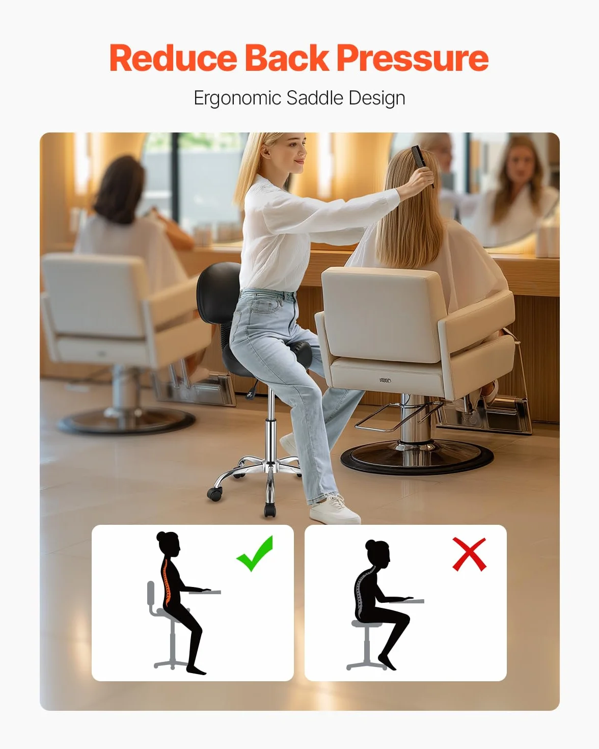 VEVOR Tabouret de Selle avec Support Dorsal et roulettes, capacité Poids 204 kg, Tabouret Roulant Ergonomique, Hauteur réglable, Chaise de Selle pivotante en Cuir PU, pour Salon, Spa, Massage, Noir