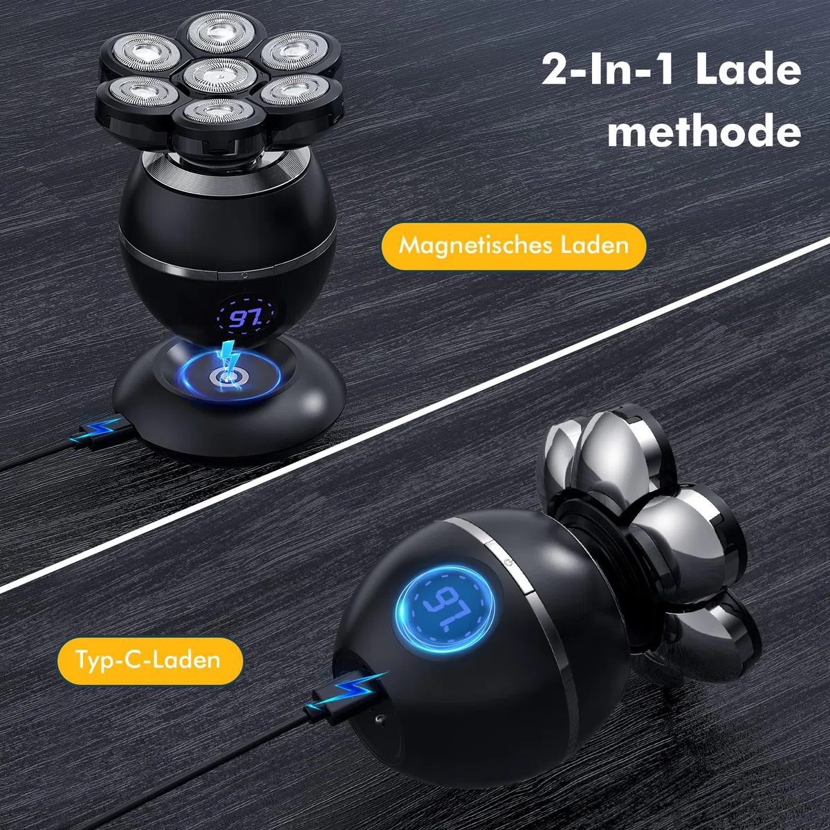 ETENTOUS Rasoir Tete Chauve Homme, 7D Rasoir Électrique Homme- 6 en 1 Tondeuse Crane Chauve- Humide/Sec Étanche IPX7 pour Hommes Chauves avec Écran LED.