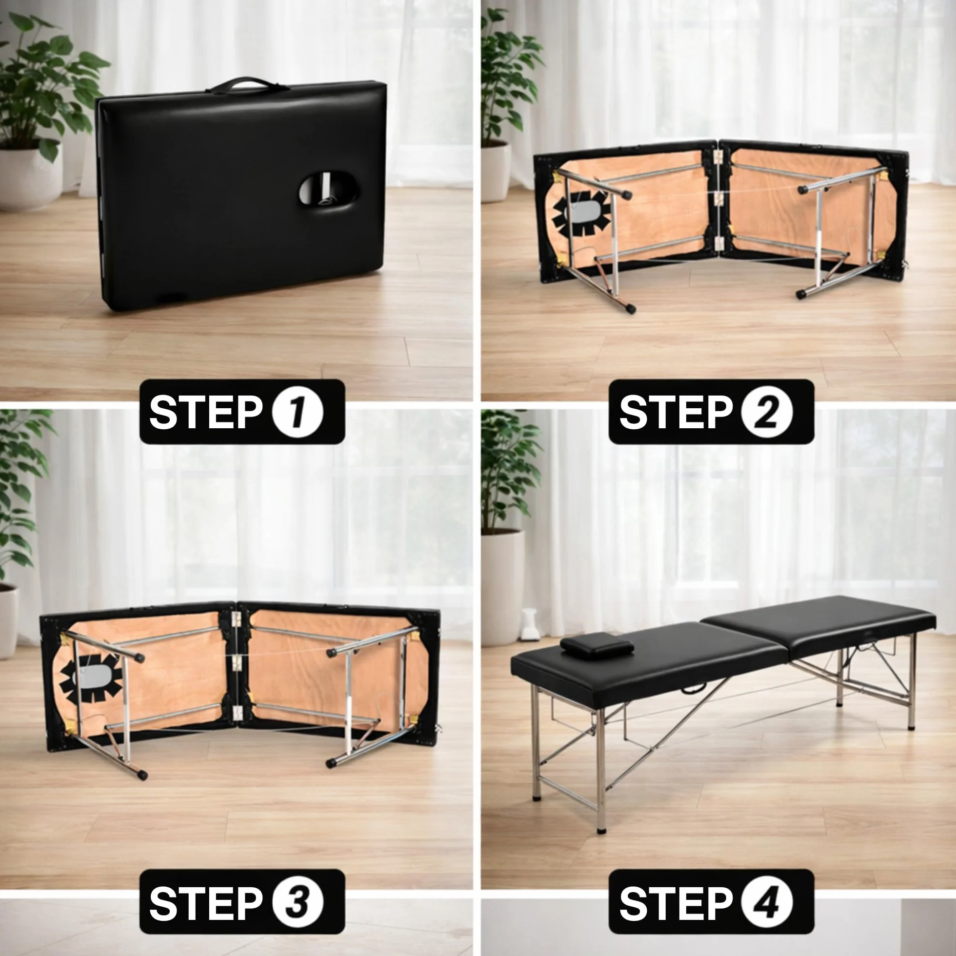 Table de Massage Pliante Professionnelle Maya 2 Zones - Lit Esthétique Léger en Aluminium | Table Pliante Hauteur Réglable 60-80cm | Revêtement Cuir Synthétique avec Poignée, Noir