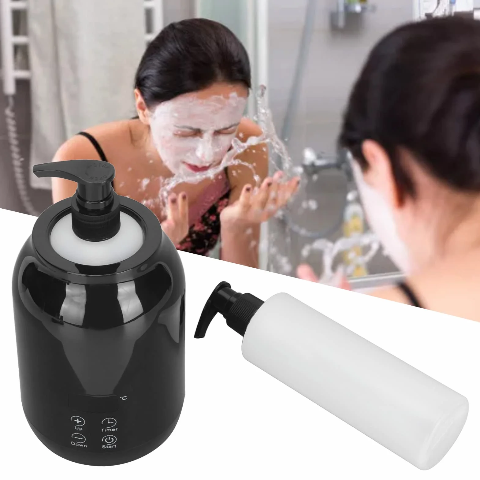 Bouteille de Chauffe-huile de Massage, Distributeur de Chauffe-lotion électrique Réchauffeur D'huile Essentielle avec 2 Bouteilles D'huile, Affichage LED, Température Réglable
