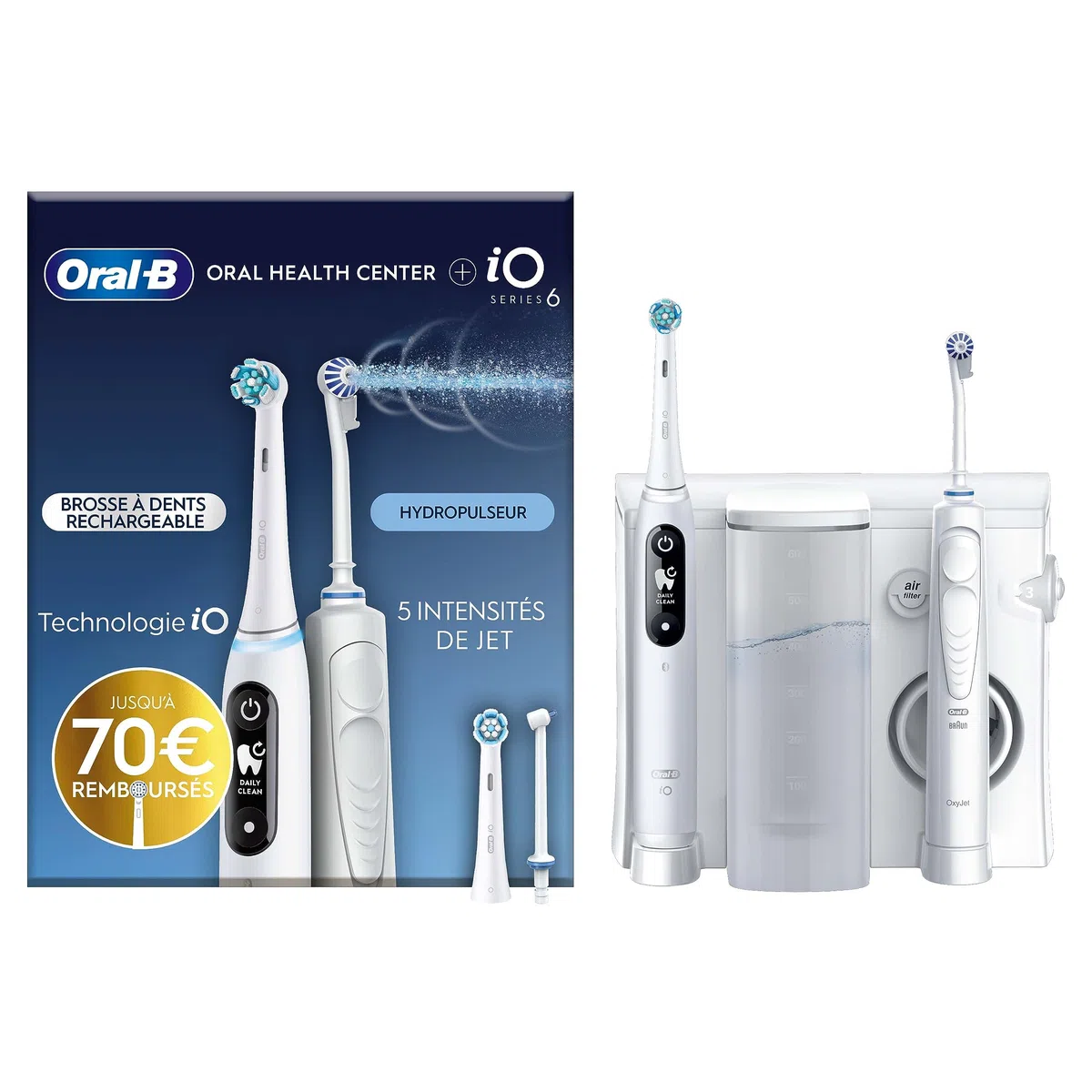 Oral-B Hydropulseur Dentaire et Brosse à Dents Electrique iO 6, Pack en Blanc – Coffret pour Brossage et Nettoyage Interdentaire, avec des Jets d’Eau, Manche avec 5 Modes dont Soin des Gencives