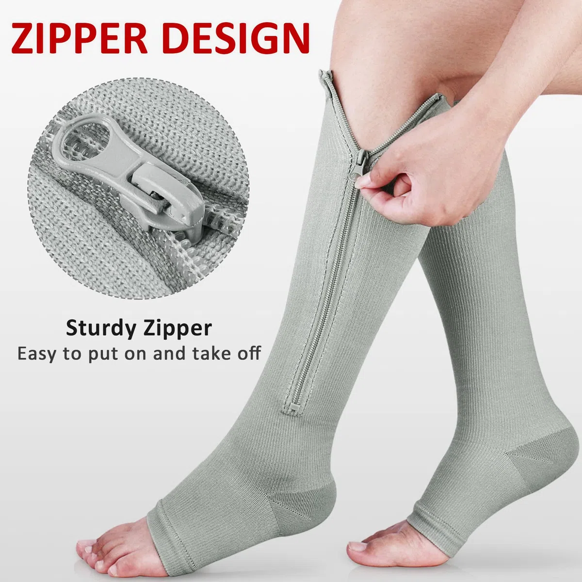 Ailaka Lot de 3 paires de chaussettes de compression avec fermeture éclair - 15-20 mmHg - Chaussettes médicales pour hommes et femmes - Chaussettes à orteils ouverts pour varices, œdèmes,