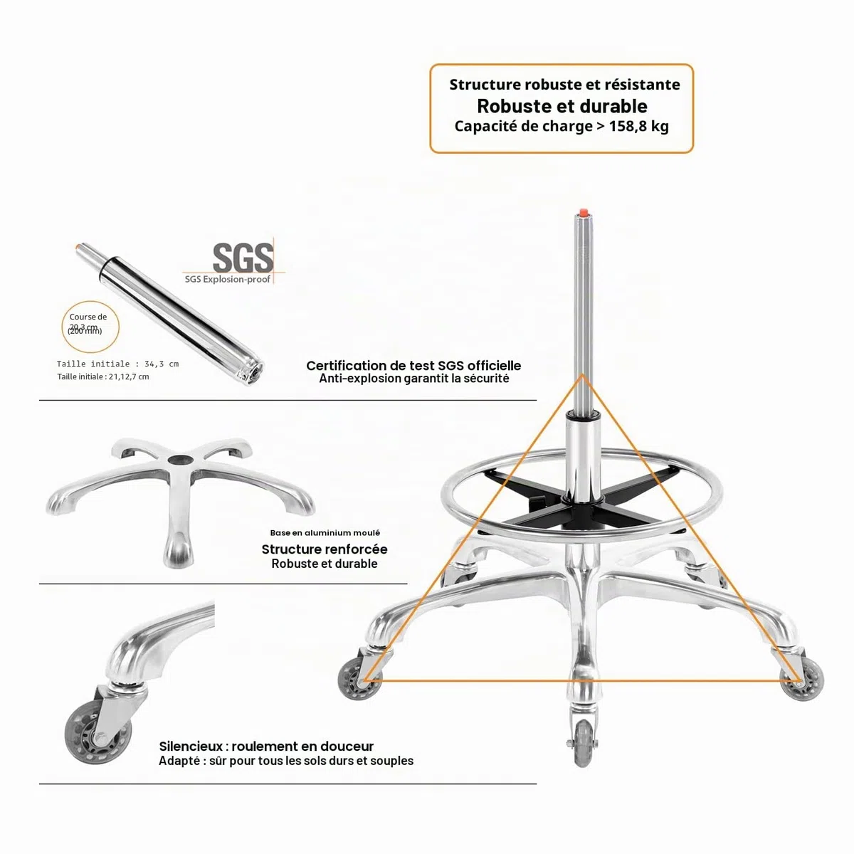 Tabouret de selle avec support dorsal et repose-pieds, très résistant (158,8 kg), tabouret hydraulique pivotant réglable pour salon, spa, beauté, massage, clinique, maison, bureau (noir)