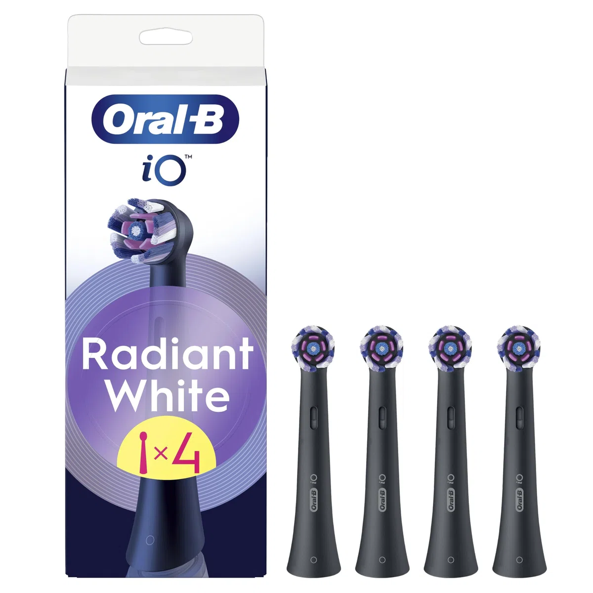 Oral-B Recharges Radiant White Brosse à Dents Électrique iO, Lot de 4, Noires, Tête Ronde Blanchissant