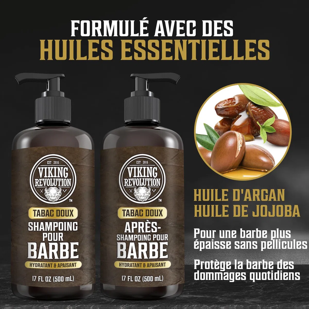 Viking Revolution - Shampoing Barbe Homme & Après Shampoing Barbe Homme - Huile d'Argan & de Jojoba - Adoucit & Renforce - Tabac Doux - 500 ml x 2