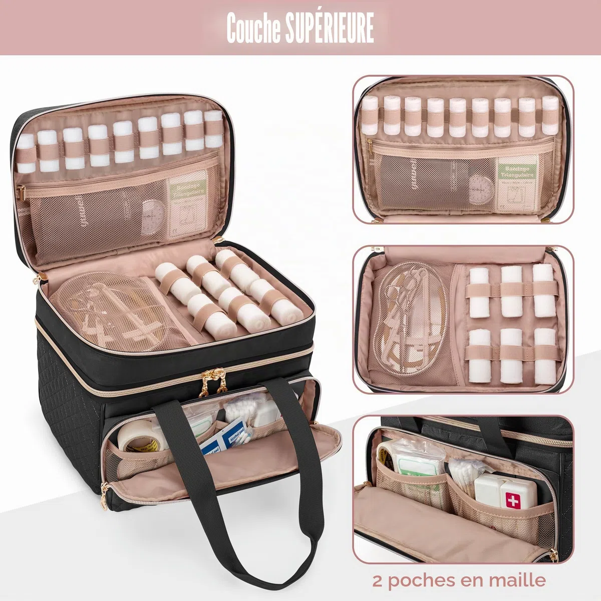 Yarwo Mallette Infirmière Libérale à Double Couche, Trousse de Secours avec Rangement pour Médicaments, Sac Médical Noir