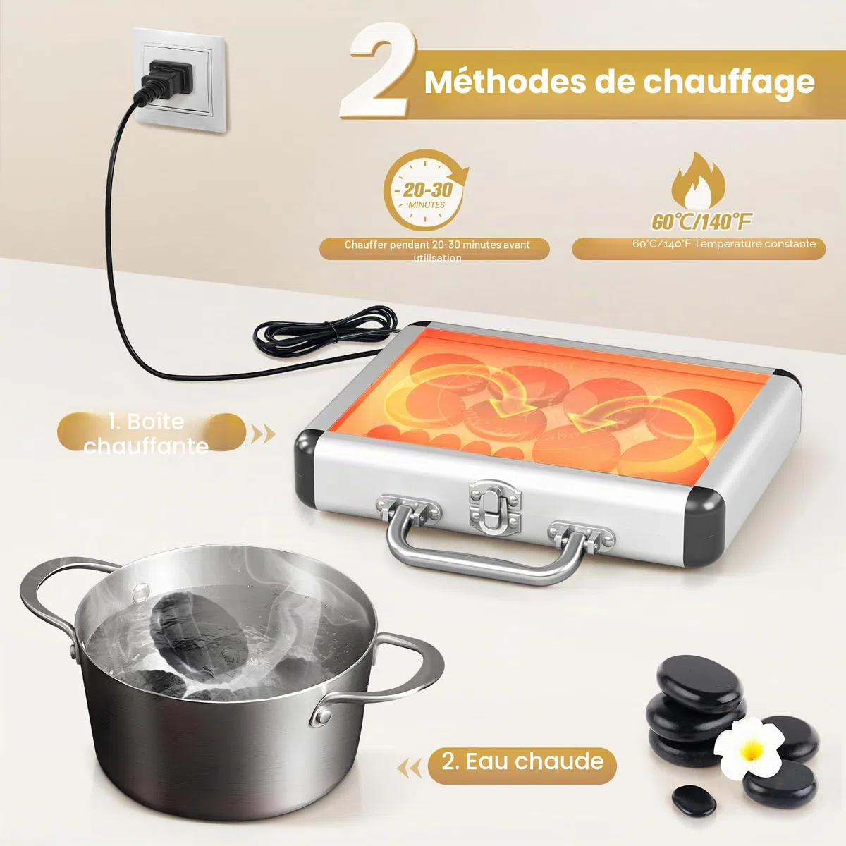 Ensemble de massage aux pierres chaudes, ensemble de massage en basalte avec boîte de chauffage portable, poêle à pierres chaudes à domicile, massothérapie, spa (20)
