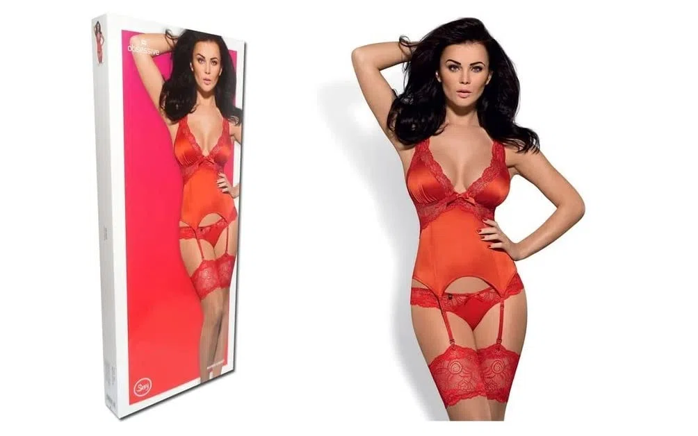 Obsessive ensemble de lingerie 2 pièces: guêpière ou corset avec string dans un coffret cadeau, rouge dentelle, S-M