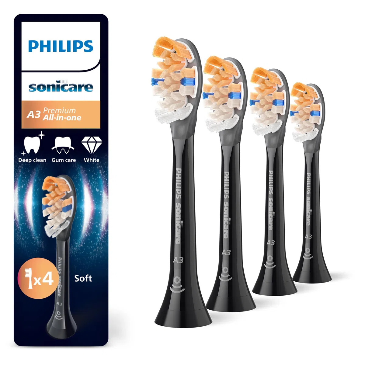 Philips Sonicare A3 Premium tout-en-un têtes de brosse à dents de rechange d'origine noir lot de 4 HX9094/88