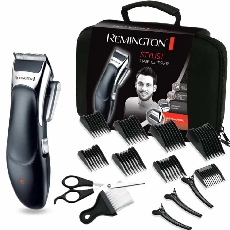 Remington Tondeuse Cheveux [Kit Coiffeur Professionnel] Stylist Noir & Argent (Lames Céramique Auto-Affûtées, Secteur/Sans fil-Batterie Lithium, 8 Sabots, Mallette pro + accessoires) Tondeuse HC363C
