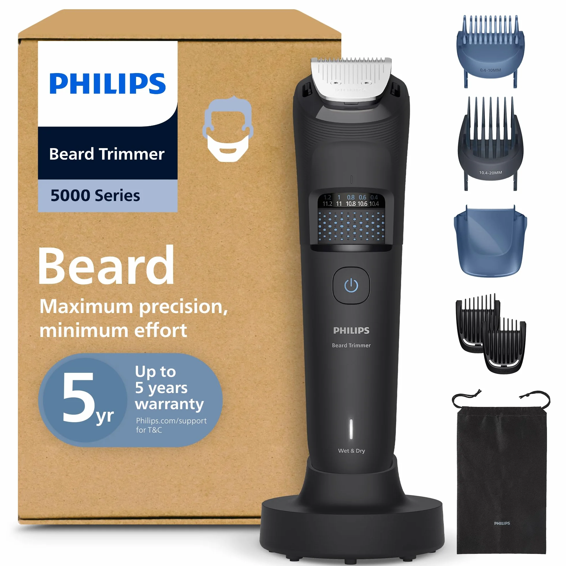 Philips Tondeuse à barbe série 5000 - Lames en métal auto-affûtées, 40 hauteurs de coupe réglables, Technologie BeardSense, Système collecte des poils, 100% étanche, Pochette, Modèle BT5785/30