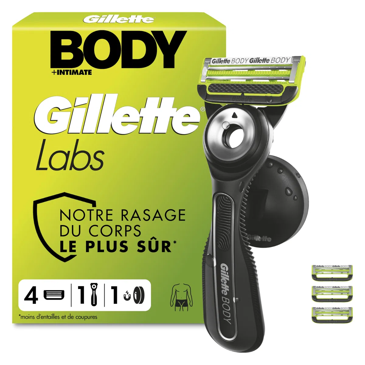 Gillette Labs Body + Intimate Rasoir Intime Homme, 4 Cartouches, Noir – Conçu pour le Rasage du Corps et du Pubis, Lames avec une Barre Anti-Poils Incarnés et Irritation, Manche Facile à Gripper