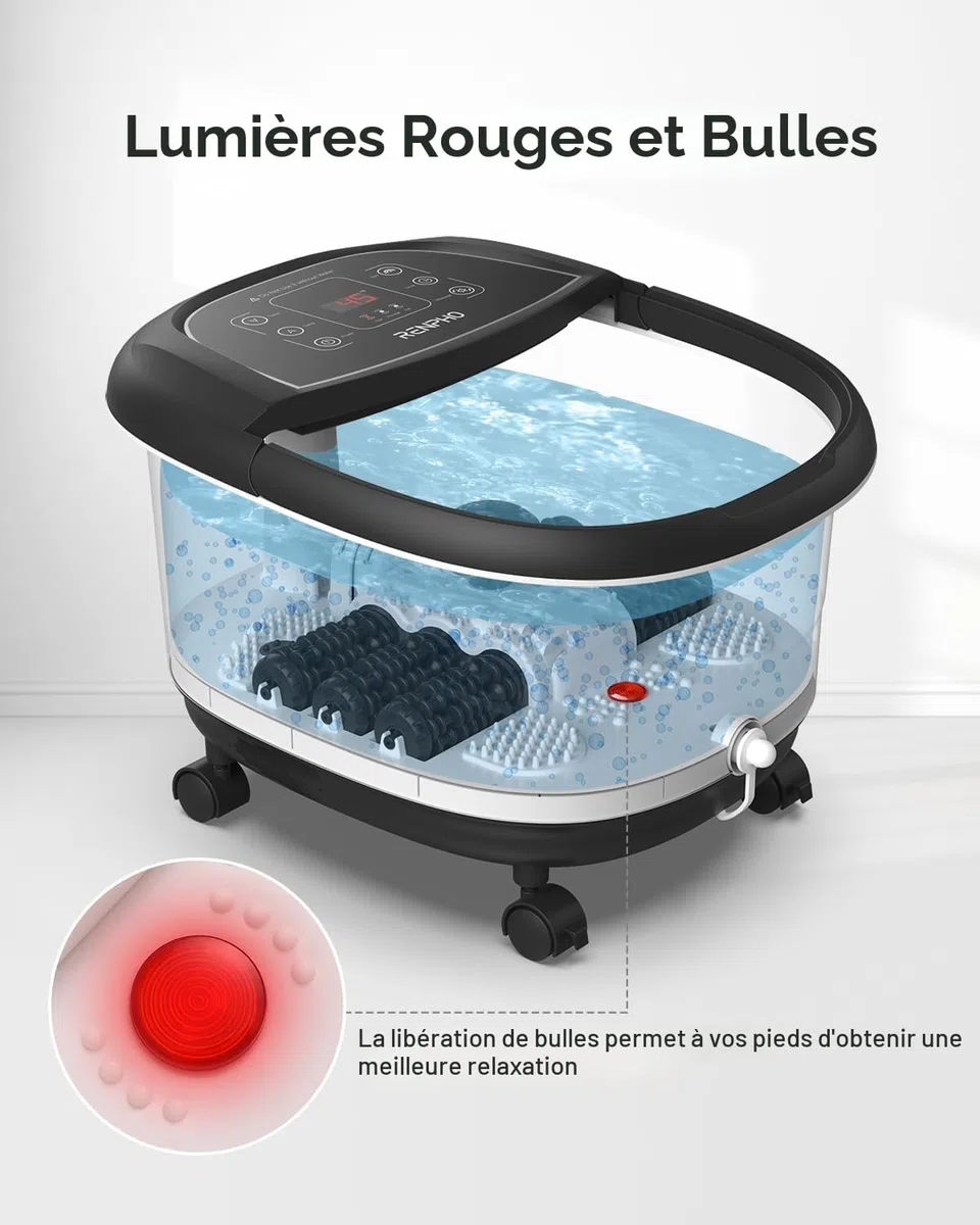 RENPHO Bain de Pieds Hydromasseur avec Chauffage Rapide, Massage Automatique, Jets de Bulles Puissants, Rouleaux Shiatsu