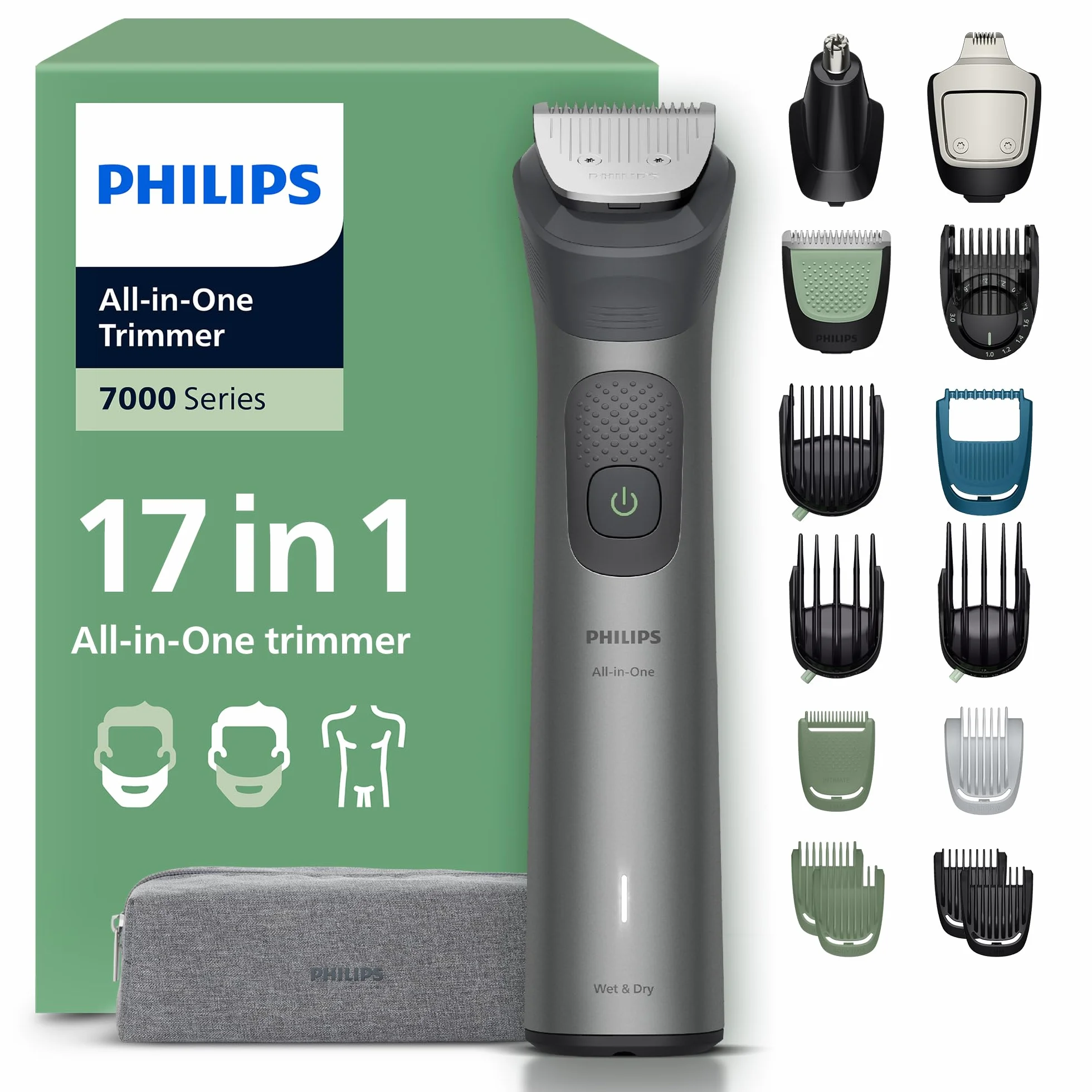 Philips Multigroom série 7000 Tondeuse tout-en-un 17 accessoires lames métal auto-affûtées 26 hauteurs coupe MG7961/15