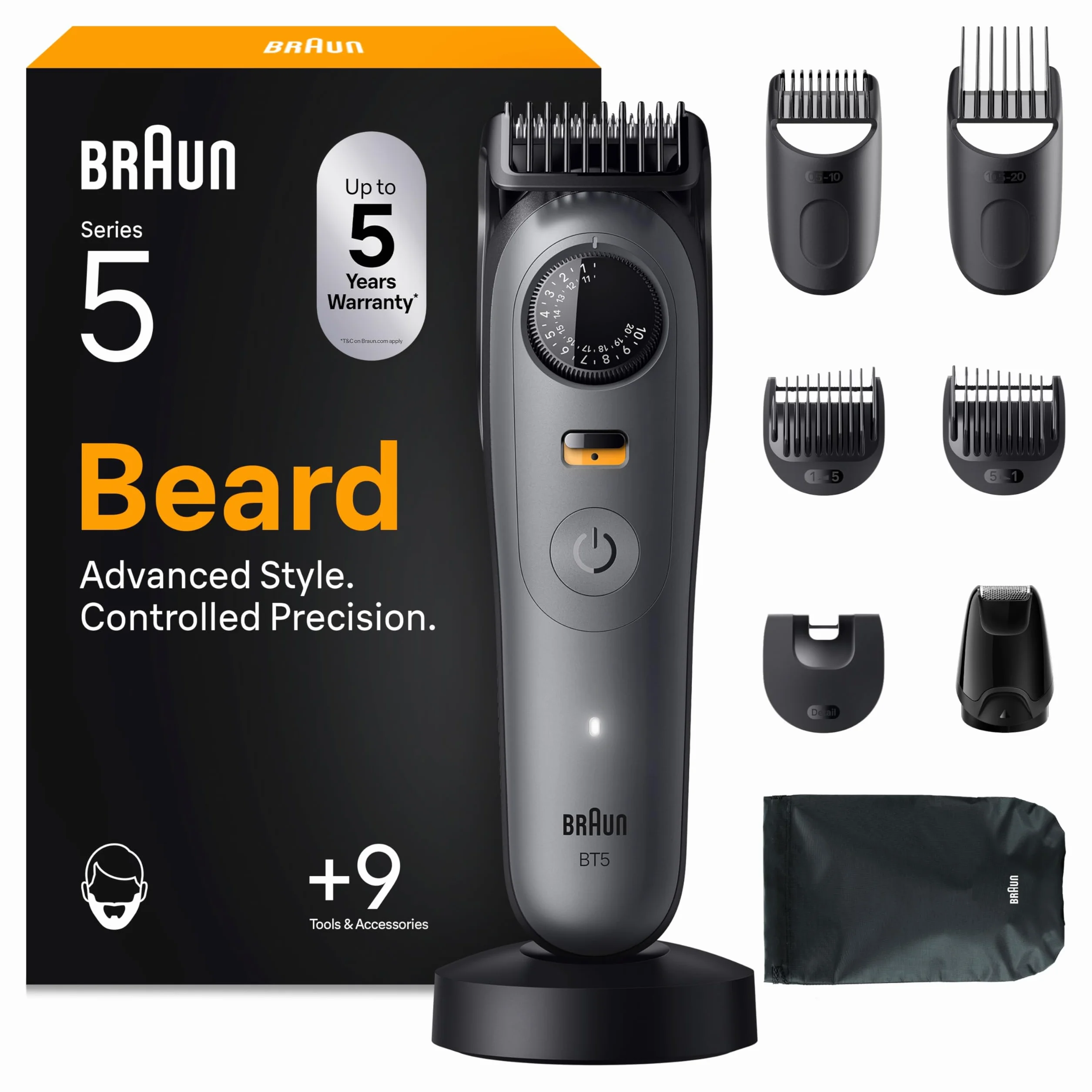 Braun Tondeuse Barbe Homme Series 5 BT5565, Grise – Etanche, sans Fil, Batterie Rechargeable, Lame Ultra Affutée, Coffret avec +9 Outils de Barbier, 40 Réglages de Longueurs, Emballage en Carton