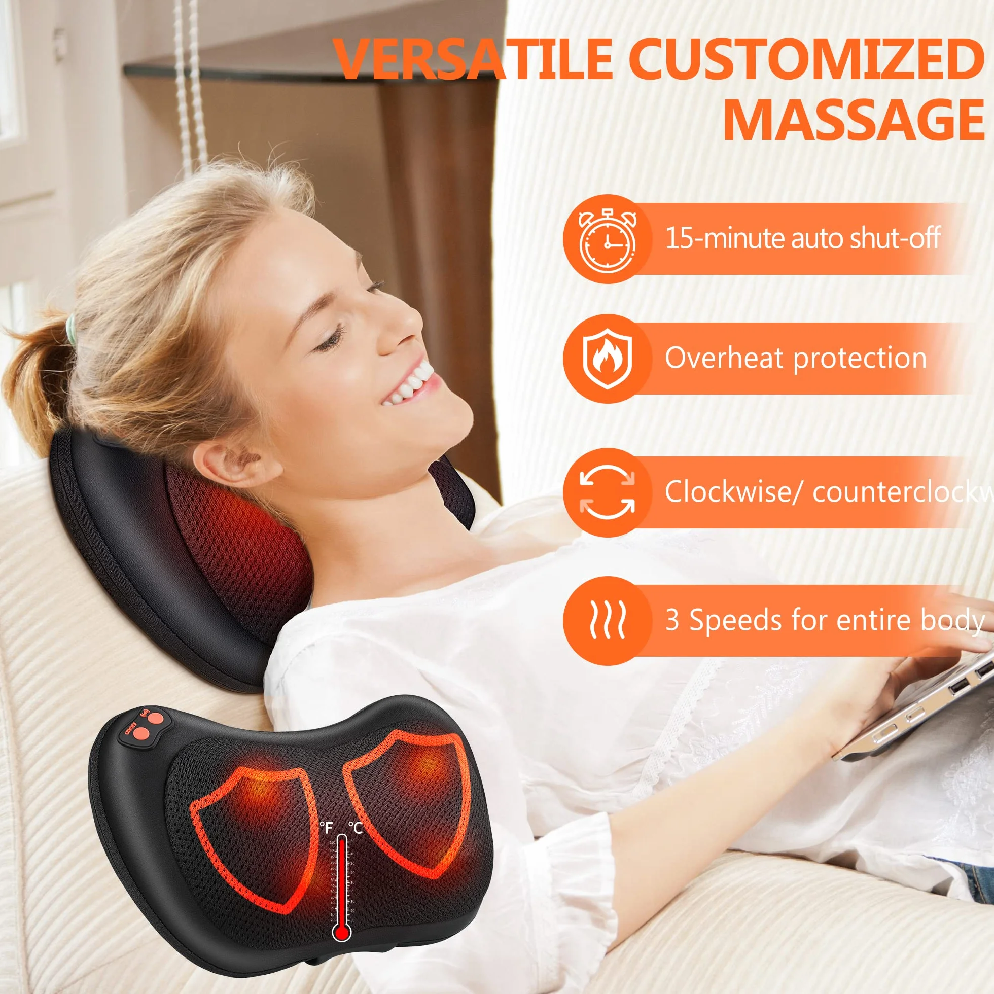 Coussin Massage Shiatsu chauffrant avec 4 Nœuds et 3 Vitesses, Appareil de Massage pour Cou, Pieds, Cervical