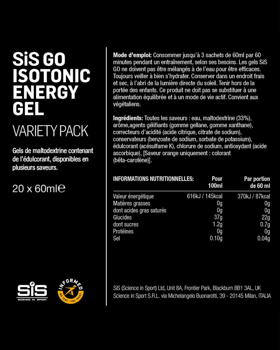 Science in Sport GO High Carb Gel Énergie Isotonique 20 x 60ml Vegan - Formulation isotonique avec 22g de glucides, bon apport d'énergie, alternative optimale aux boissons isotoniques