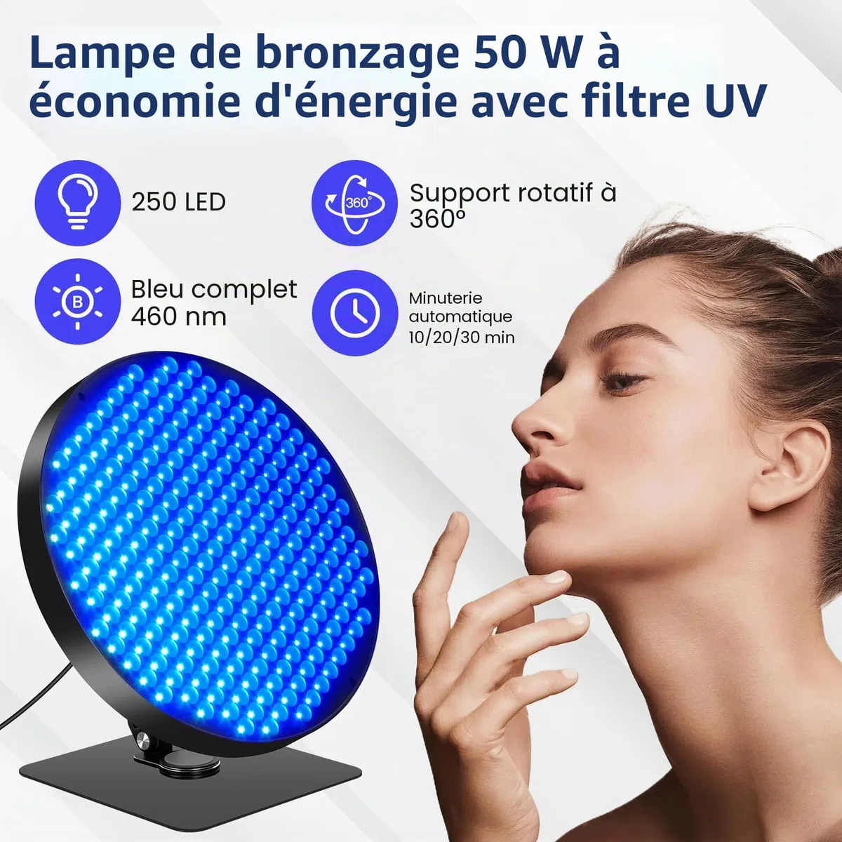 Lampe de Bronzage 50W Solarium Facial 250 LEDs UV Visage Corps avec Minuterie Noir