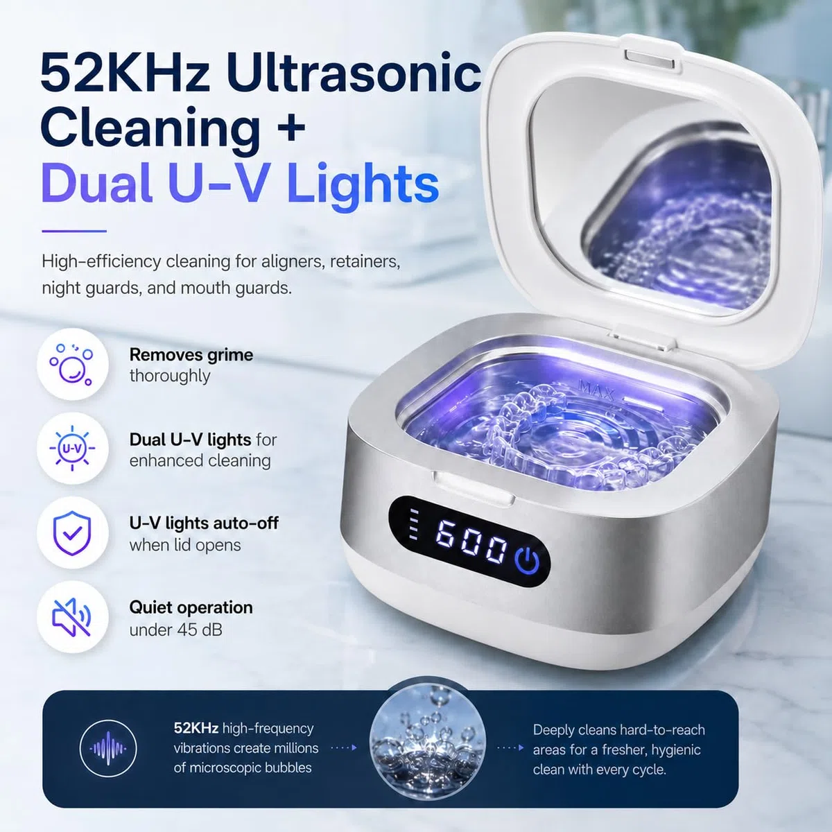 Voraiya Nettoyeur Ultrasons pour Gouttière Dentaire, Dental Pod Compact et Silencieux, Batterie 4000 mAh, IPX7 Étanche, Réservoir 166 ml, pour Aligneur, Appareil Dentaire