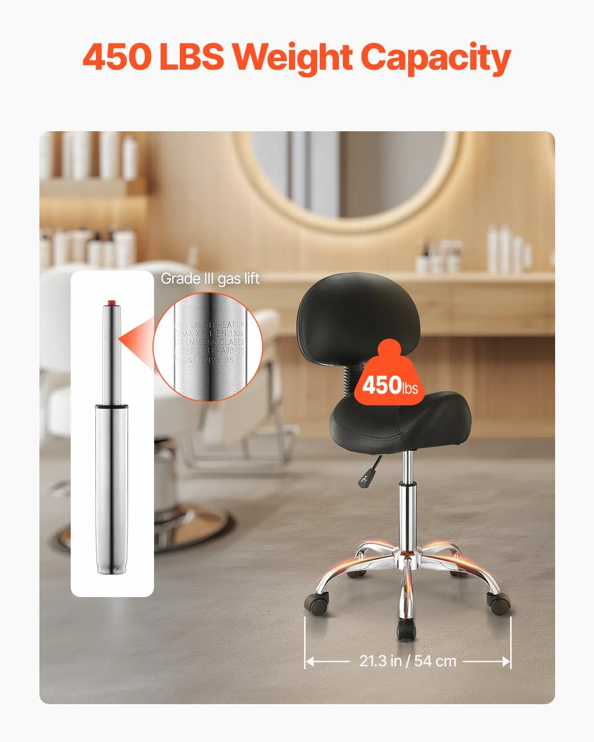VEVOR Tabouret de Selle avec Support Dorsal et roulettes, capacité Poids 204 kg, Tabouret Roulant Ergonomique, Hauteur réglable, Chaise de Selle pivotante en Cuir PU, pour Salon, Spa, Massage, Noir