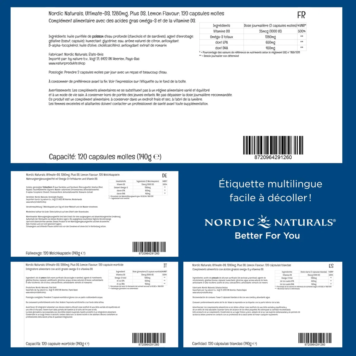 Nordic Naturals Ultimate Omega-D3, complément d’huile de poisson oméga-3 1.280 mg avec EPA, DHA et vitamine D3, forte dose, saveur citron, 120 capsules molles, sans soja, sans gluten