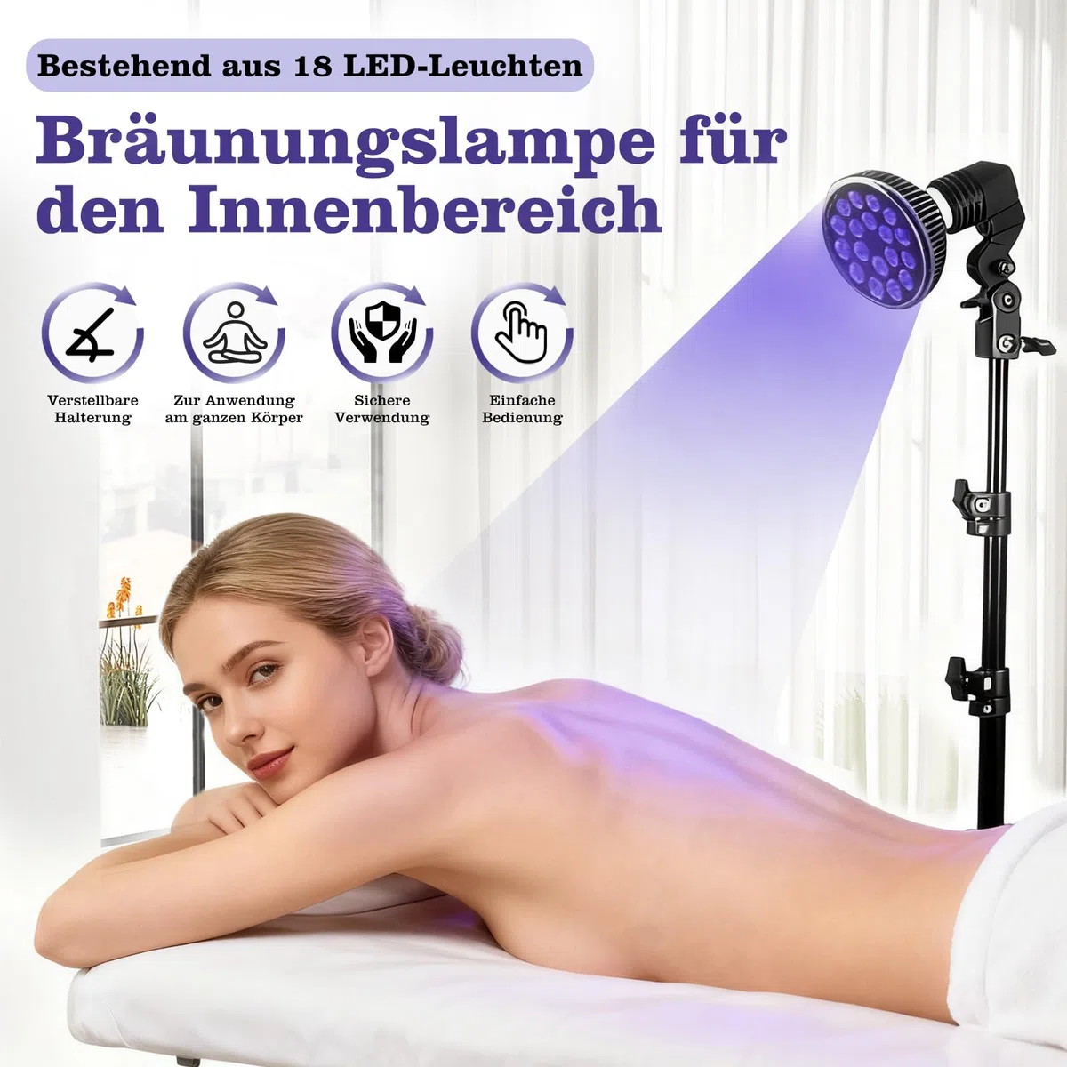 Lampe de bronzage portable pour visage et corps avec support réglable et crochets de suspension (Violet)