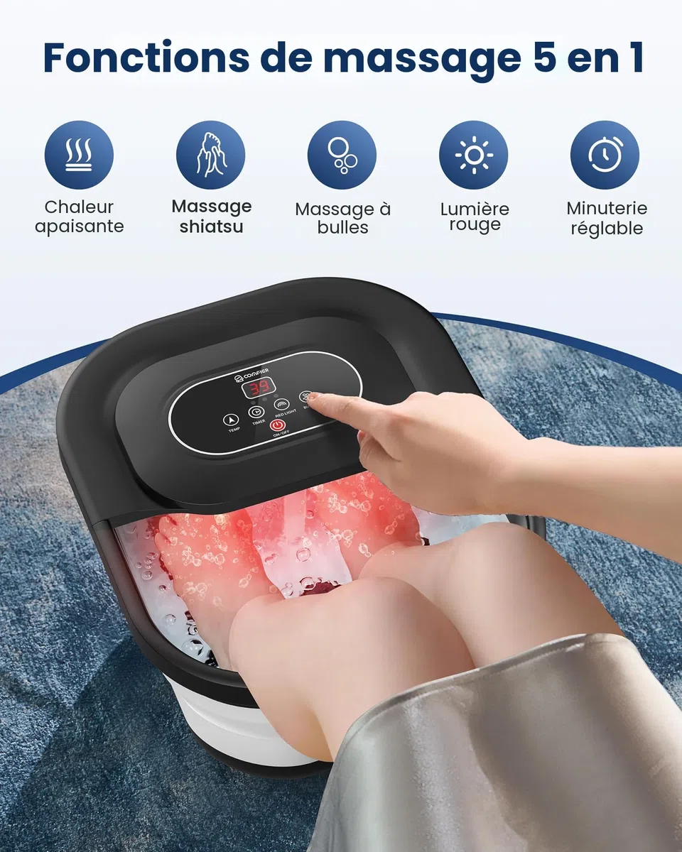 COMFIER Bain de pieds chauffant de massage|Masseur de pieds pliable|Fonction de vibration et de bulles|Pierre ponce pour pieds|35℃-48℃|Avec 8 rouleaux Shiatsu (Noir)