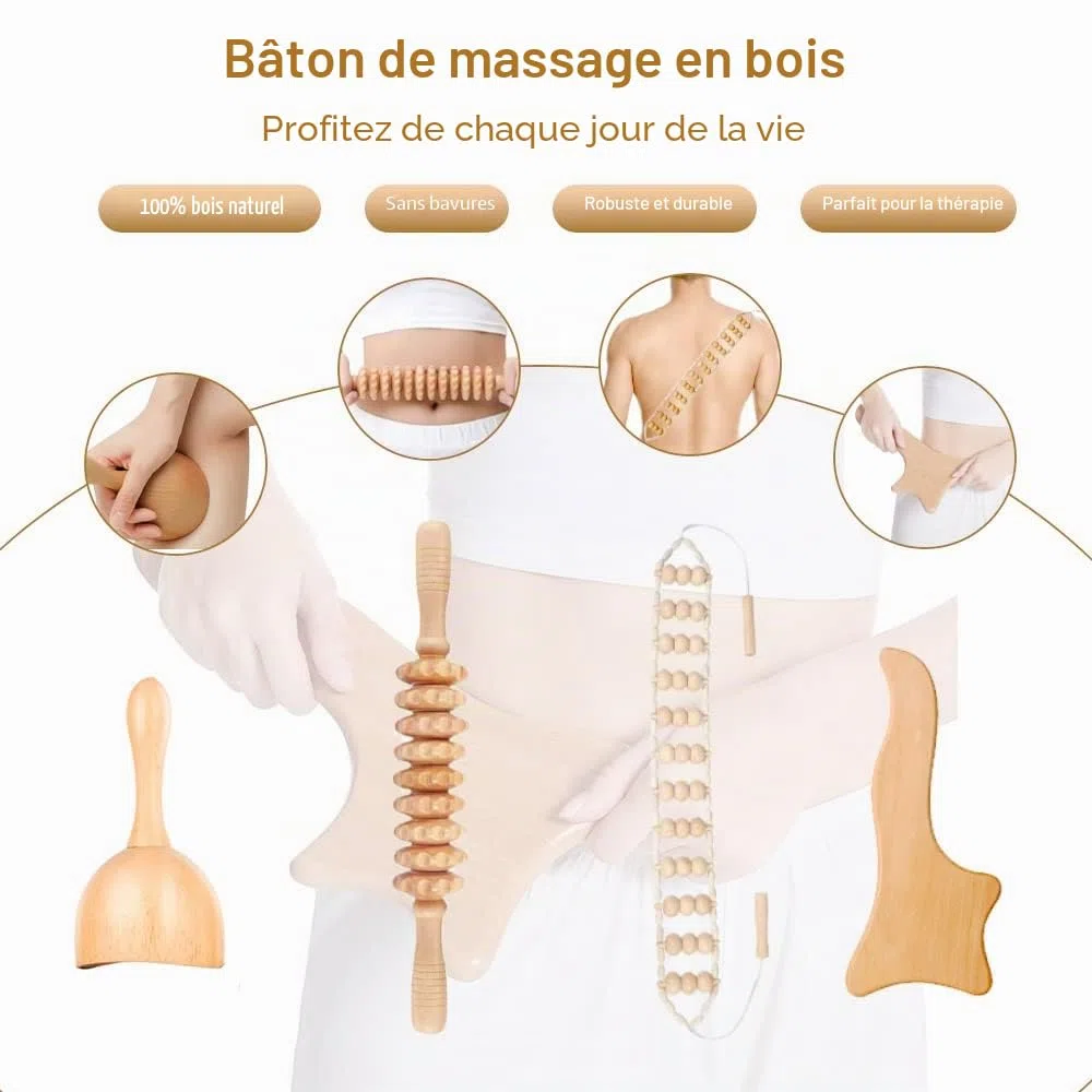 Lot de 8 outils de massage thérapeutique du bois, rouleau en bois pour soulager la cellulite et soulager les douleurs musculaires du corps entier